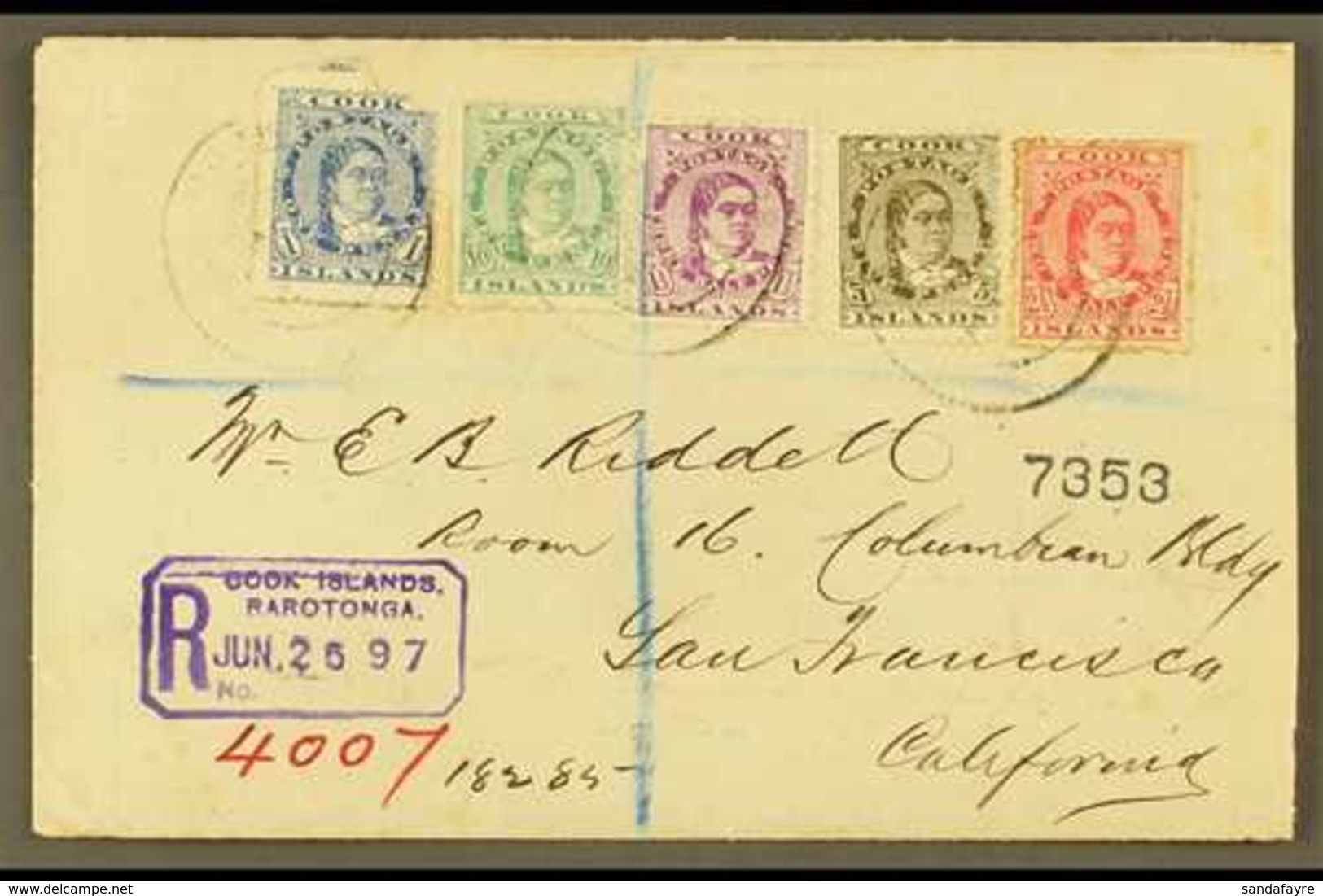 1897 (June) Highly Attractive Envelope Registered To San Francisco, Bearing Queen Makea Takau 1d, 1½d, 2½d, 5d And 19d,  - Cookinseln