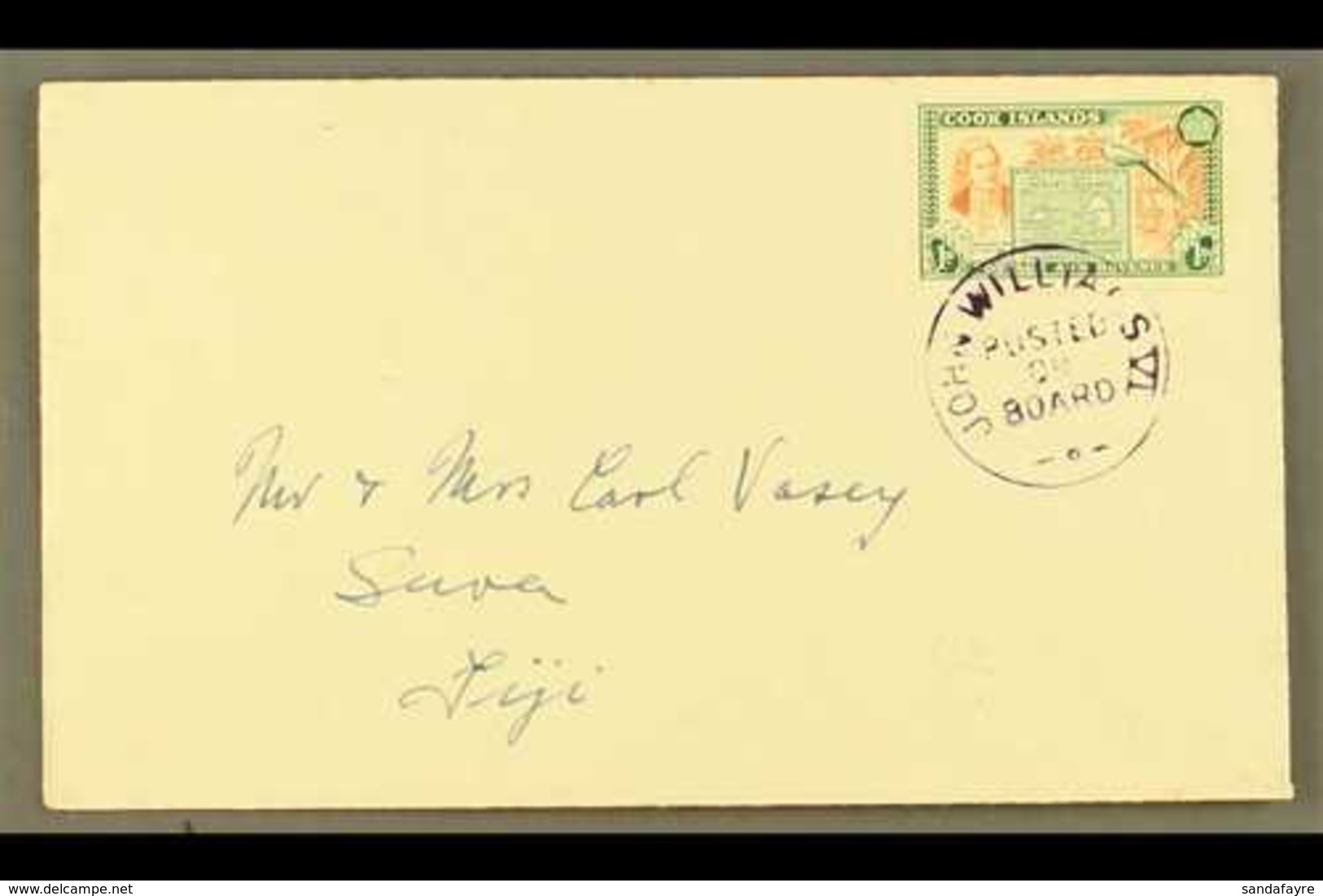 1949 1d Chestnut And Green, SG 151, On A Neat Envelope To Fiji, Tied By Upright Violet "John Williams VI/Posted On Board - Cookinseln