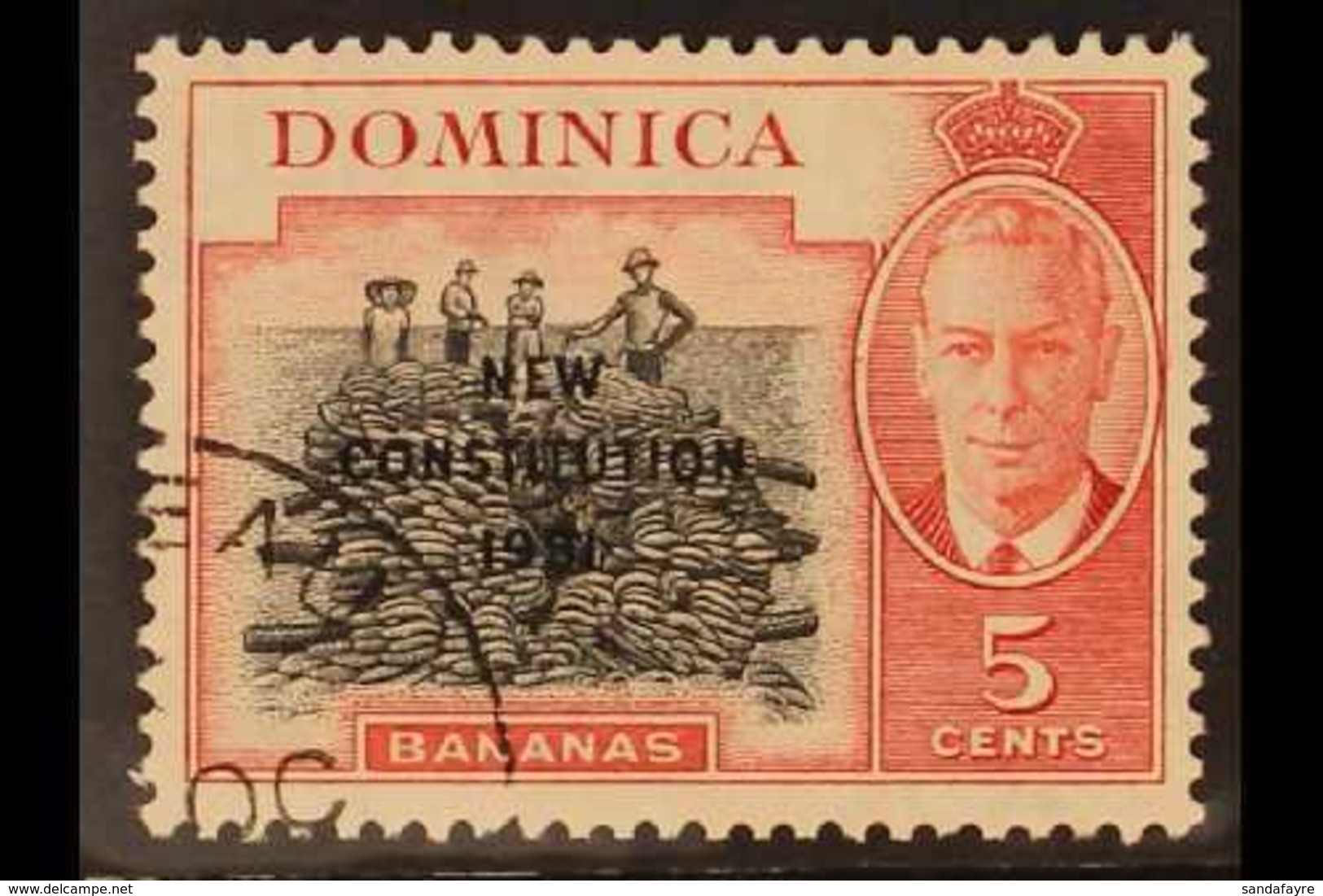 1951 5c Black And Carmine, New Constitution Ovpt On Geo VI "Bananas", Variety "JA For CA In Wmk", SG 136a, Very Fine Use - Dominica (...-1978)