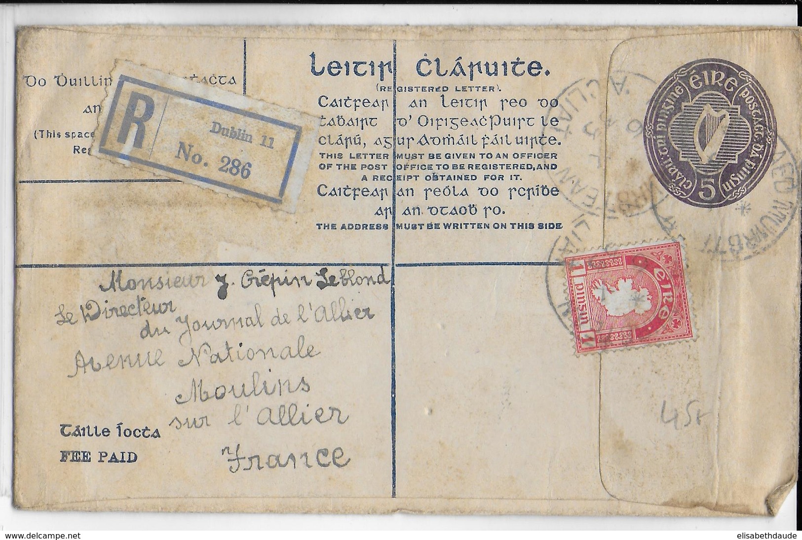 1933 - IRLANDE - ENVELOPPE ENTIER RECOMMANDEE RARE De DUBLIN => MOULINS (FRANCE) - Ganzsachen