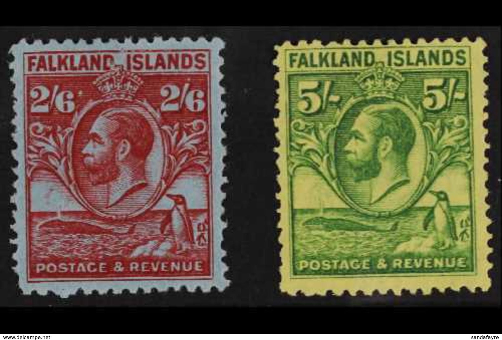 1929 2s 6d And 5s "Whale And Penguin", SG 123/4, Fine Mint. (2 Stamps) For More Images, Please Visit Http://www.sandafay - Falkland Islands