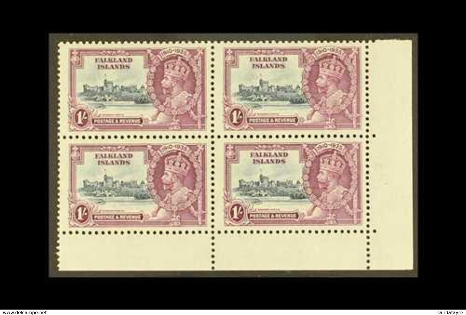 1935 1s Slate & Purple Jubilee, SG 142, Never Hinged Mint Lower Right Corner BLOCK Of 4, Very Fresh. (4 Stamps) For More - Falkland