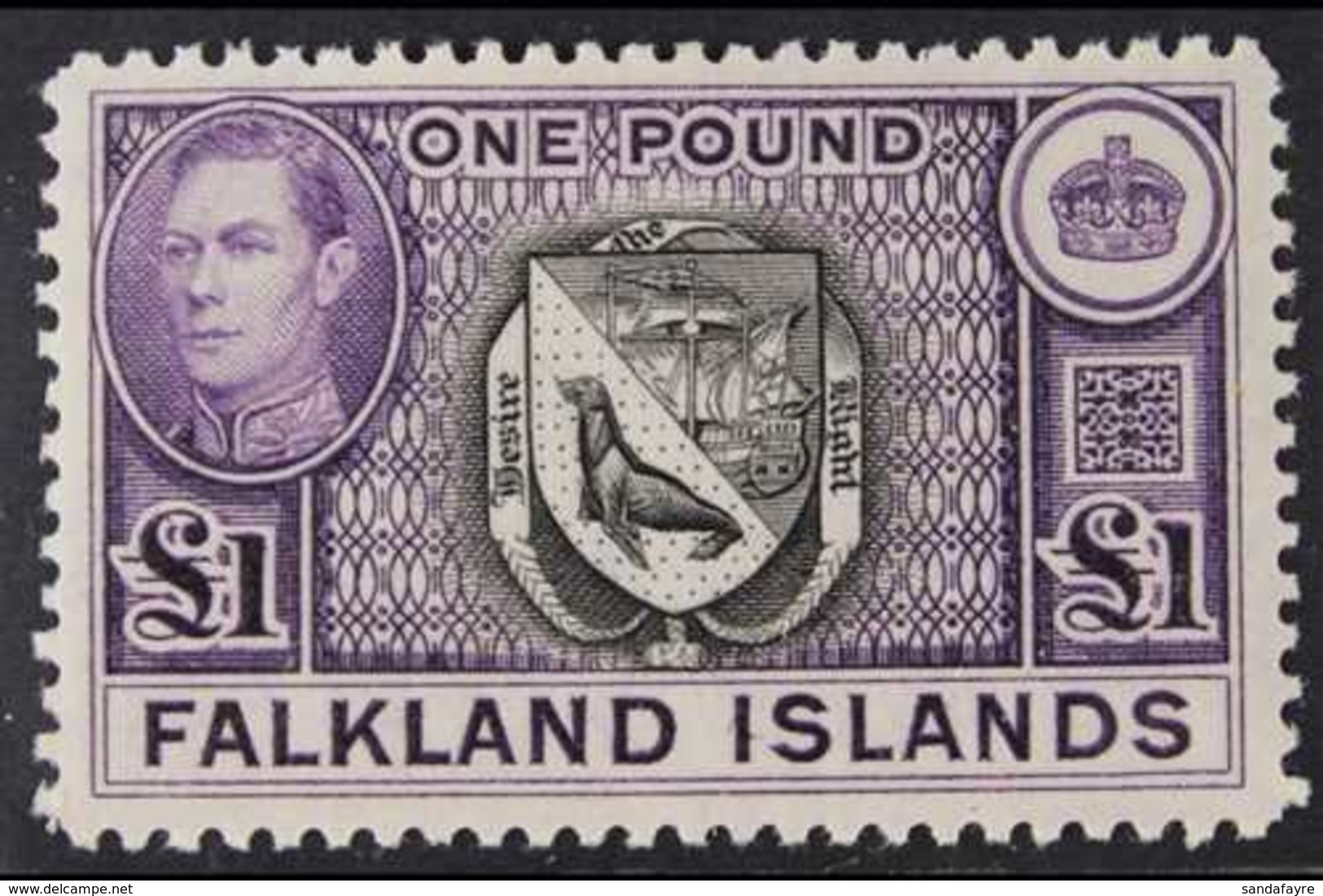 1938-50 £1 Black & Violet "Arms Of The Falkland Islands", SG 163, Very Fine Mint For More Images, Please Visit Http://ww - Falklandinseln