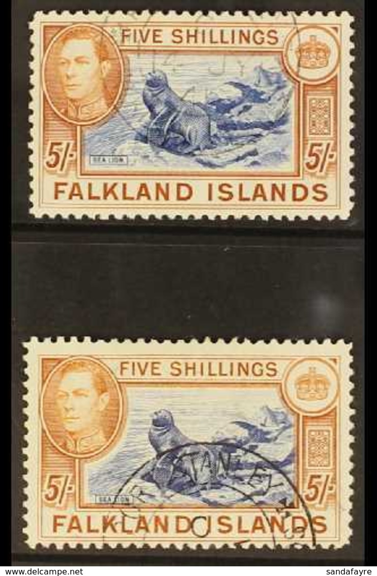 1938-50 KGVI 5s Blue & Chestnut, SG 161 & 5s Indigo & Pale Yellow Brown, SG 161b, Very Fine, Cds Used (2 Stamps) For Mor - Falkland Islands