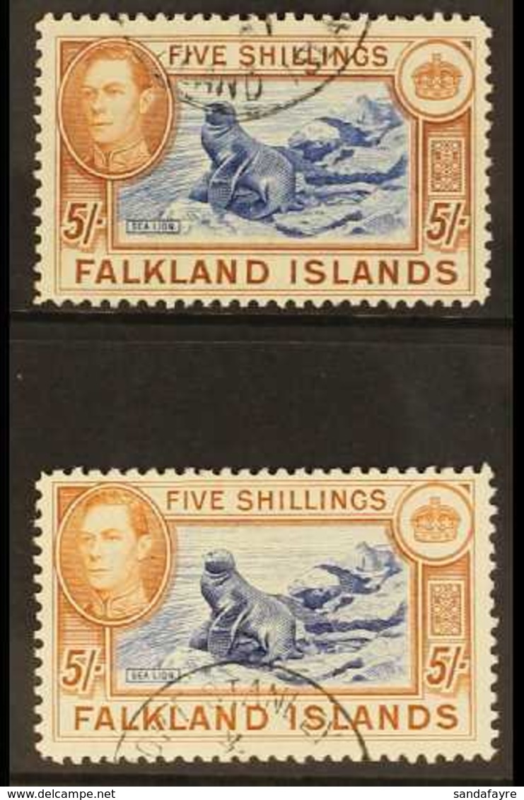 1938-50 KGVI 5s Blue & Chestnut, SG 161 & 5s Indigo & Pale Yellow Brown, SG 161b, Very Fine, Cds Used (2 Stamps) For Mor - Falkland