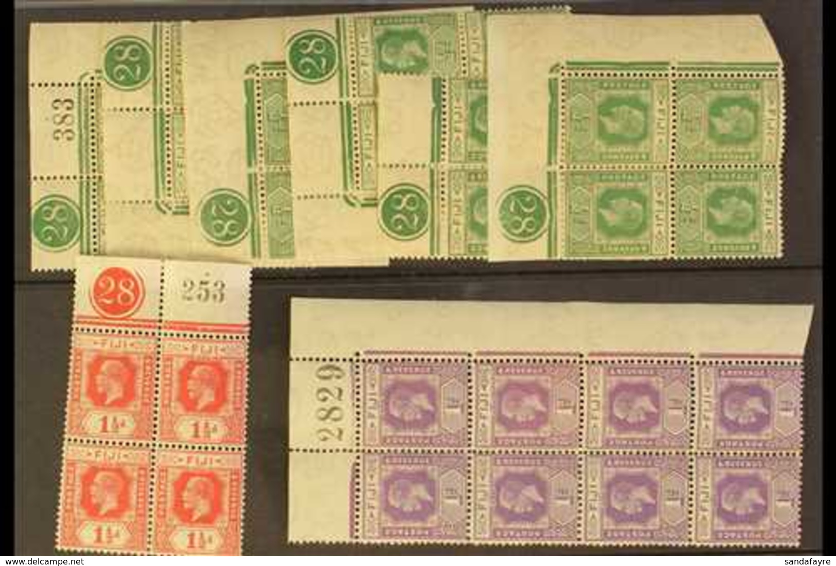 1922-27 Wmk Script CA Group Of Mint Blocks With Sheet Selvage, Plate Numbers & Sheet Numbers (8 Items = 36 Stamps) For M - Fidschi-Inseln (...-1970)