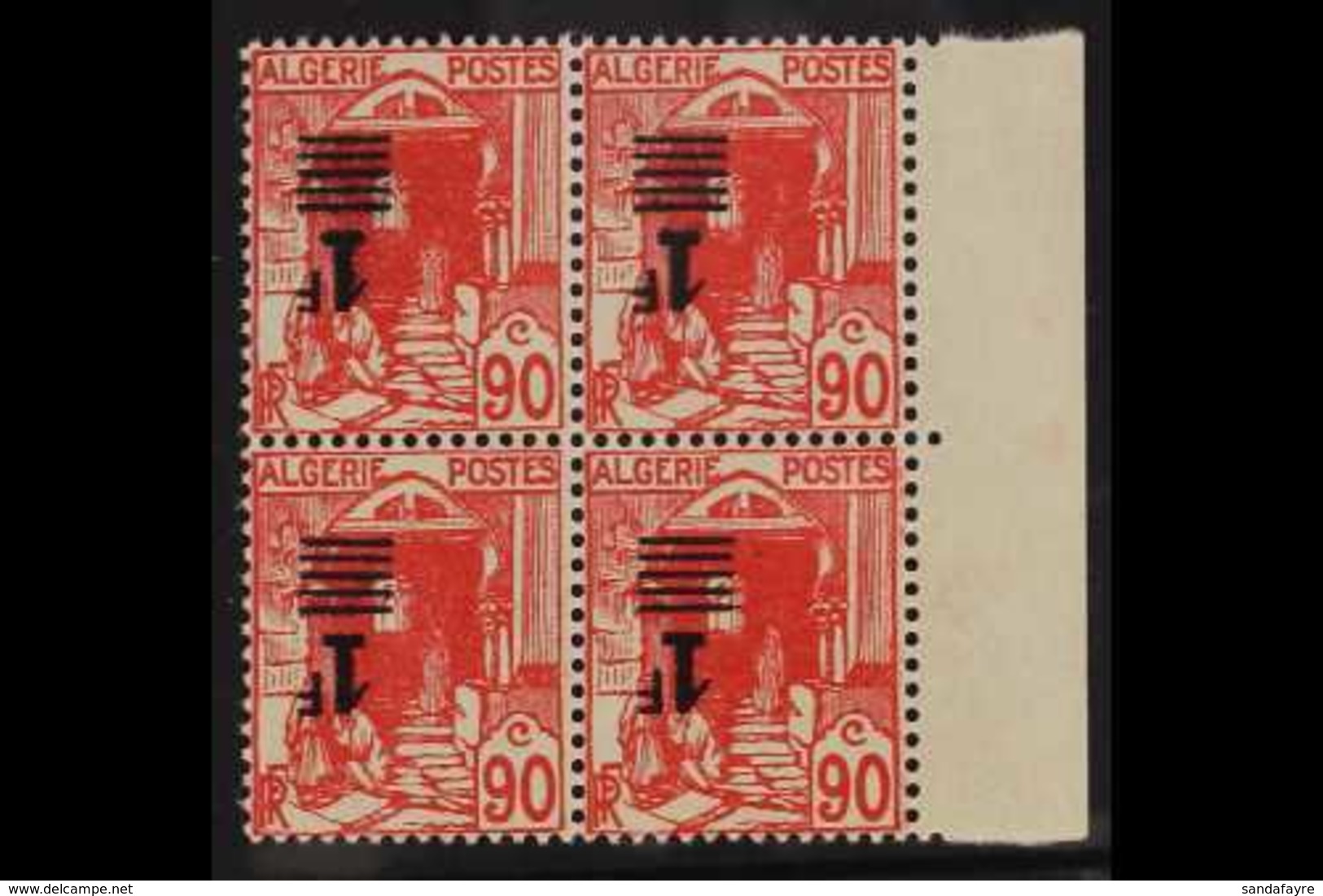 ALGERIA 1939-40 1f On 90c Red (type II Opt), Variety "INVERTED SURCHARGE", Yv 158A, Marginal BLOCK OF 4. Never Hinged Mi - Sonstige & Ohne Zuordnung