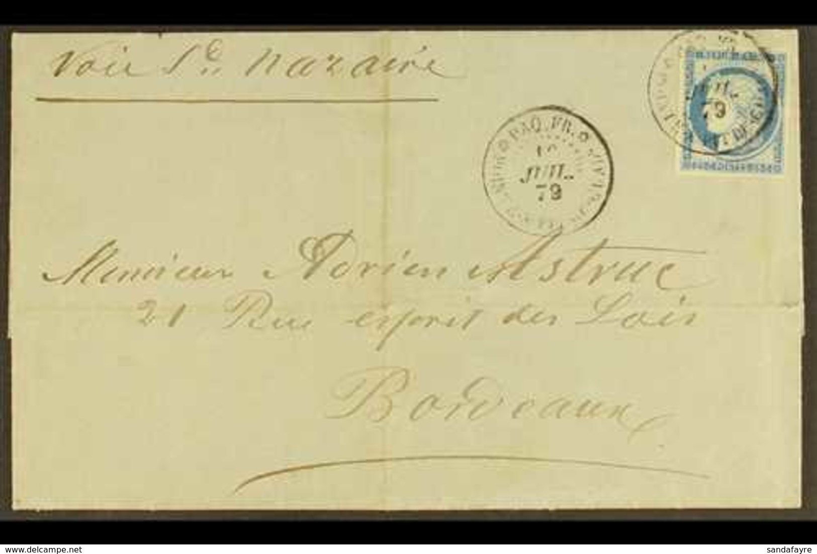 GENERAL ISSUES USED IN GUADELOUPE 1879 (10 July) Entire Letter To Bordeaux, Bearing 1872-77 25c Blue Ceres (Yvert 23) Wi - Sonstige & Ohne Zuordnung