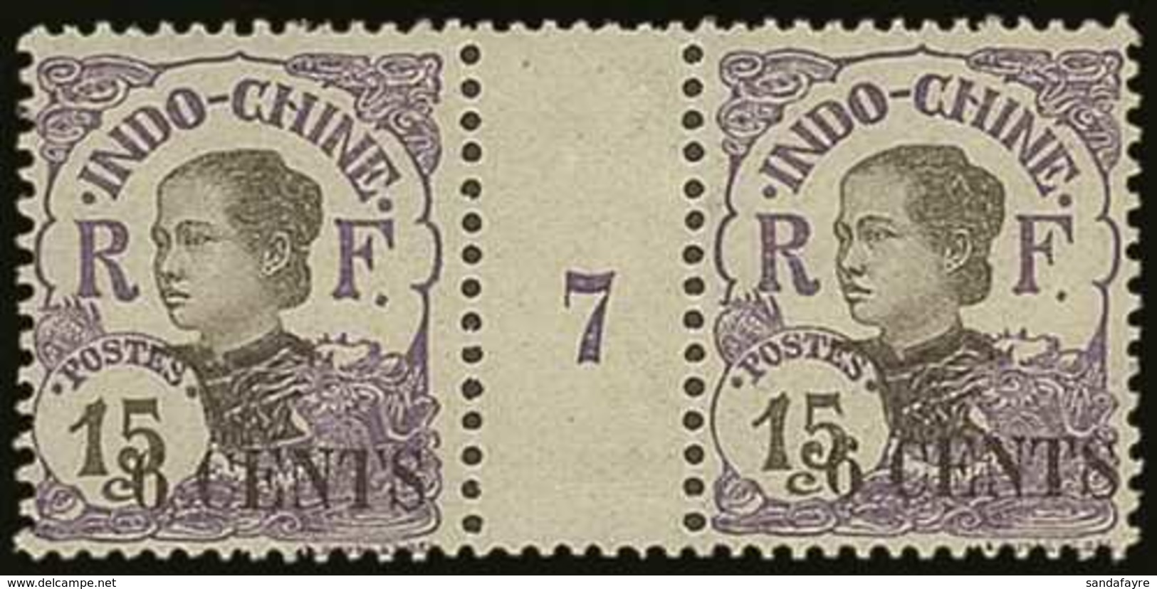 INDO-CHINA 1919 6c On 15c Violet In A "Millesimes" Gutter Pair With Number "7" Yv 77, Never Hinged Mint. For More Images - Altri & Non Classificati