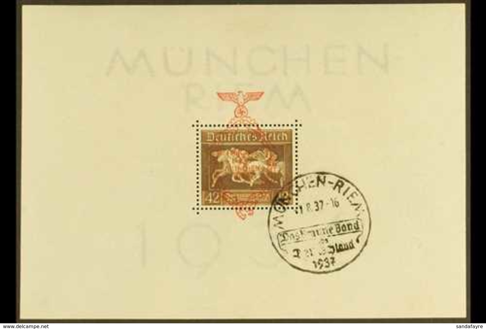 1937 "Brown Ribbon Of Germany" Miniature Sheet (Mi Block 10, SG MS637a) Used With "Munchen-Riem" Special Cancel. For Mor - Sonstige & Ohne Zuordnung