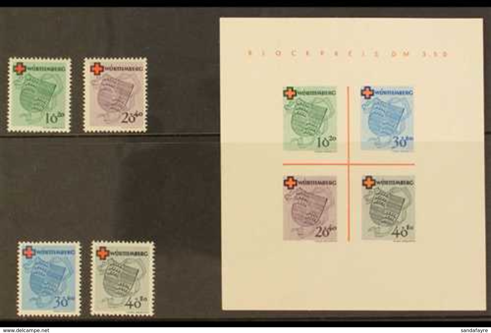 FRENCH ZONE WURTTEMBERG 1949 Red Cross Complete Set & Mini-sheet (Michel 40/43 & Block 11, SG FW40/43 & MSFW43a), Never  - Altri & Non Classificati