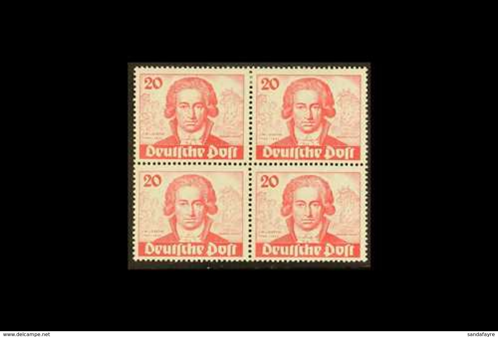 1949 20pf Carmine Goethe (Michel 62, SG B62), Superb Mint (two Stamps Are Never Hinged) BLOCK Of 4, Very Fresh & Scarce. - Altri & Non Classificati