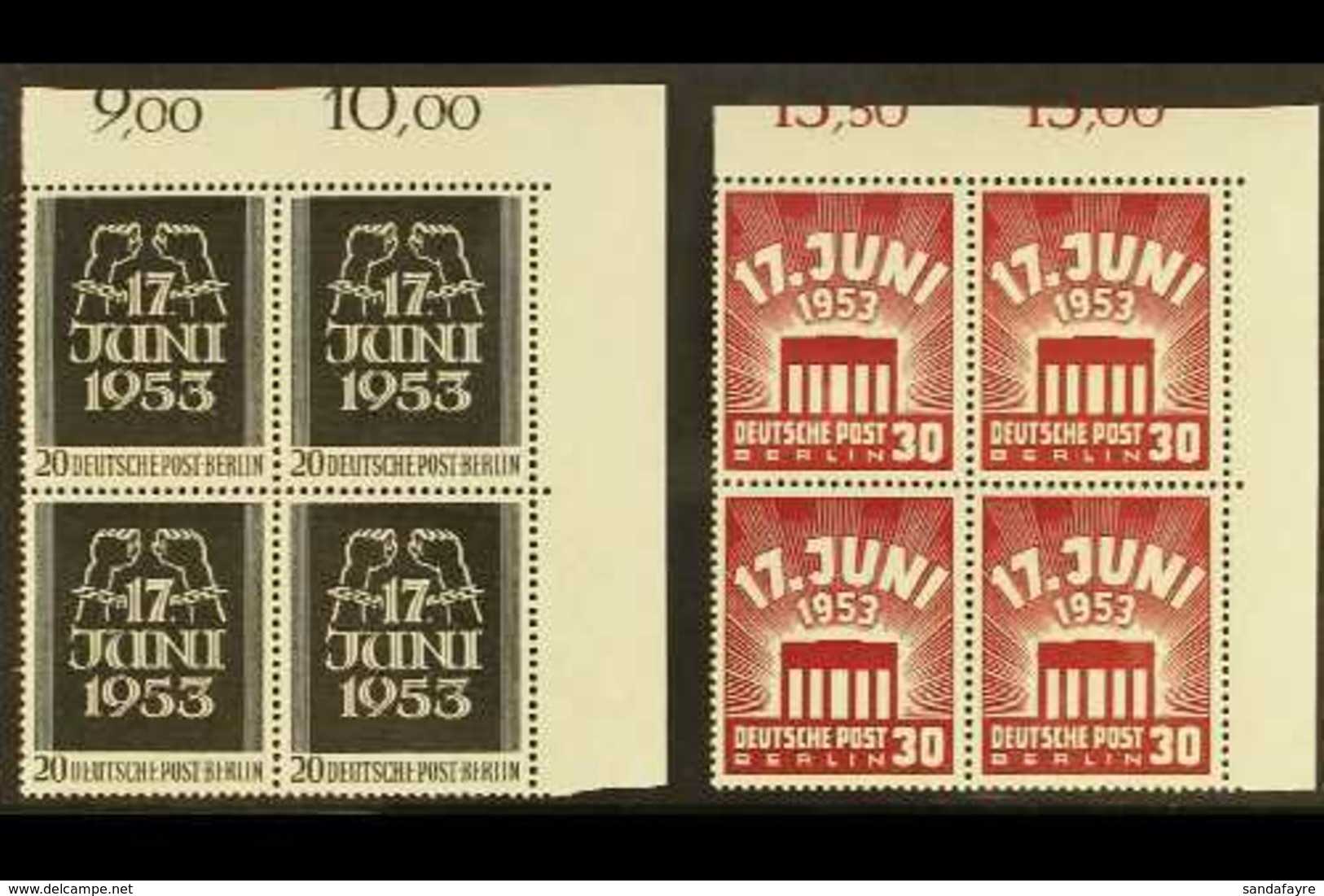 1953 East German Uprising Complete Set (Michel 110/11, SG B110/11), Never Hinged Mint Matching Upper Right Corner BLOCKS - Sonstige & Ohne Zuordnung