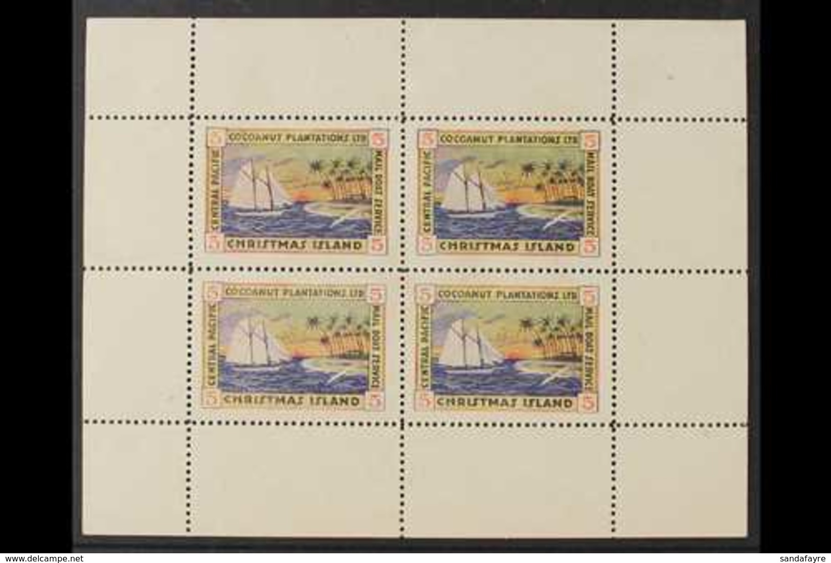 CHRISTMAS ISLAND LOCAL STAMP 1920-1924 5c 'Cocoanut Plantations' Second Issue Complete SHEET Of 4, Fine Mint With Usual  - Gilbert- Und Ellice-Inseln (...-1979)