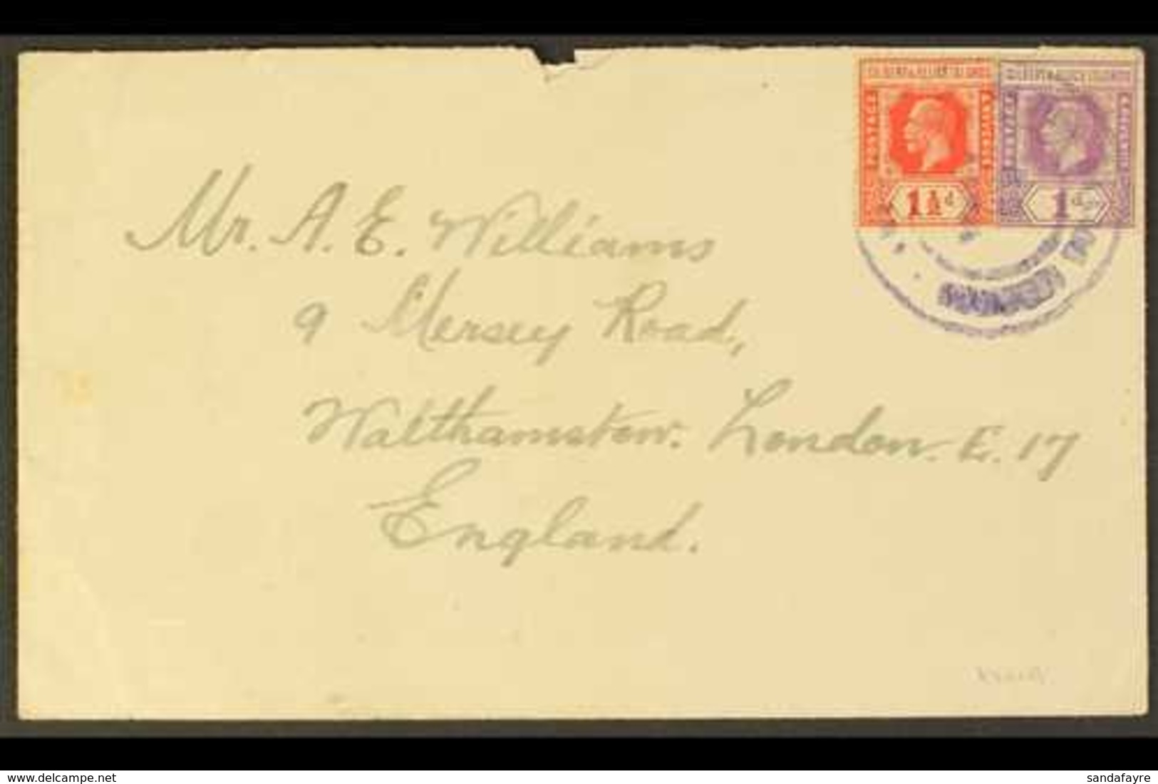 KURIA Envelope To England Bearing KGV 1d And 1½d Tied By Double Ring Violet Cds, Date Indistinct, Opening Tears At Top.  - Gilbert- Und Ellice-Inseln (...-1979)