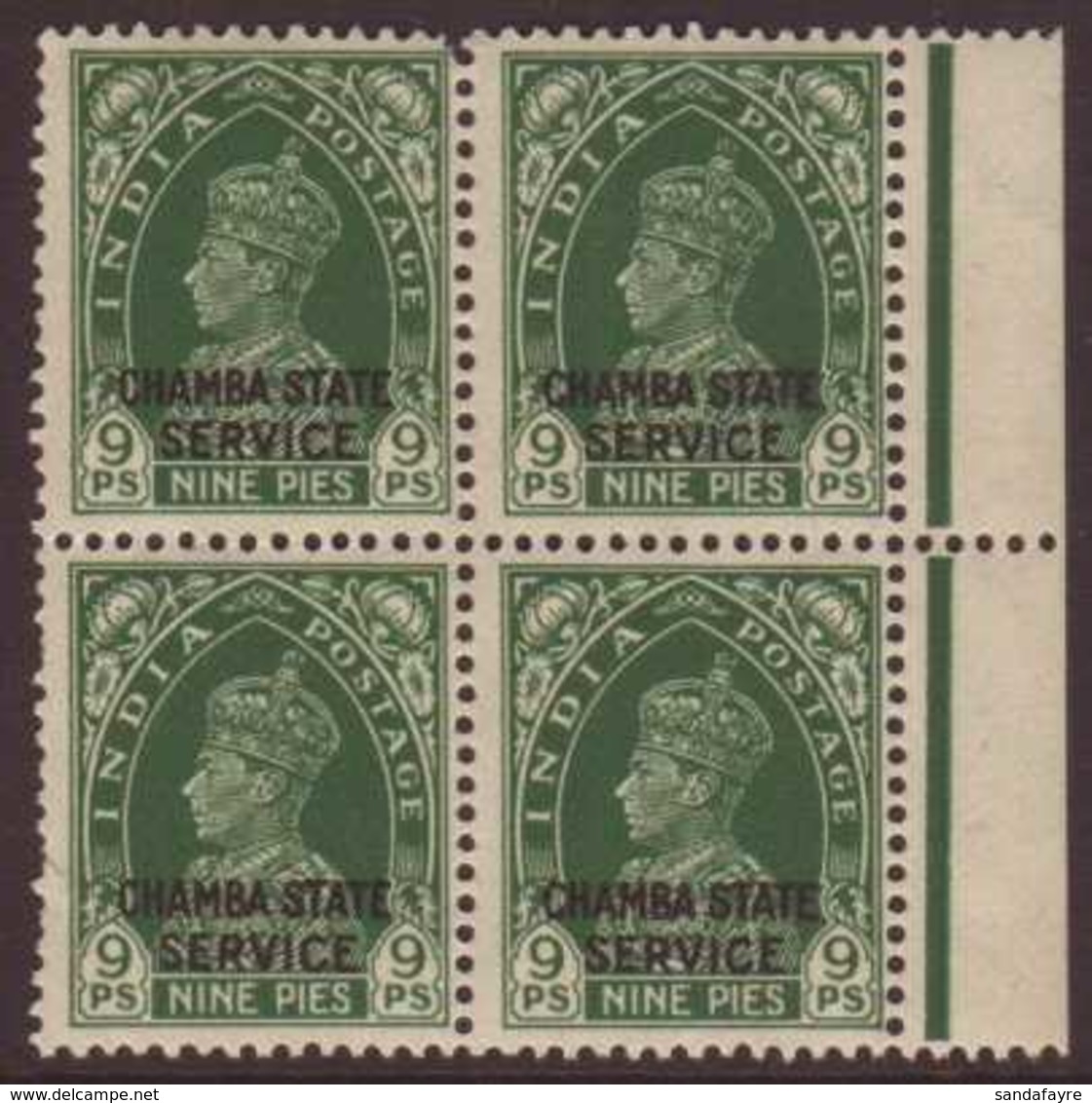 CHAMBA OFFICIAL 1938-40 9p Green King George VI, SG O66, Never Hinged Mint Marginal BLOCK OF FOUR. For More Images, Plea - Other & Unclassified