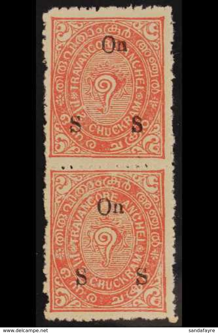 TRAVANCORE OFFICIAL 1930-39 1½ch Rose Perf 12 Opt Types 08+06 VERTICAL PAIR, SG O67A+O67B,  Very Fine Unused Mixed Overp - Altri & Non Classificati
