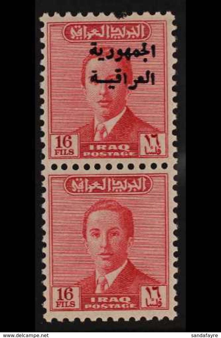 1958-60 16f Carmine-red "Iraqi Republic" Overprint Vertical PAIR ONE WITH OVERPRINT OMITTED Variety, SG 434 Var, Never H - Iraq