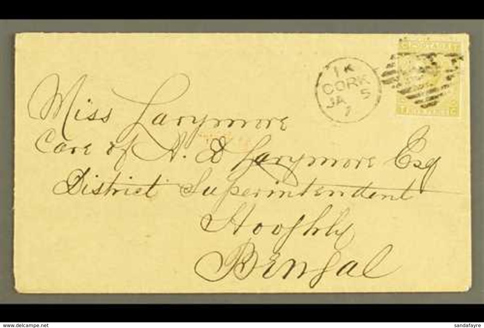 1871 COVER FROM CORK TO BENGAL 1871 (5 Jan) Cover To Hooghly, Bengal, Bearing GB 1867 9d Straw Plate 4, SG 110, Tied By  - Altri & Non Classificati