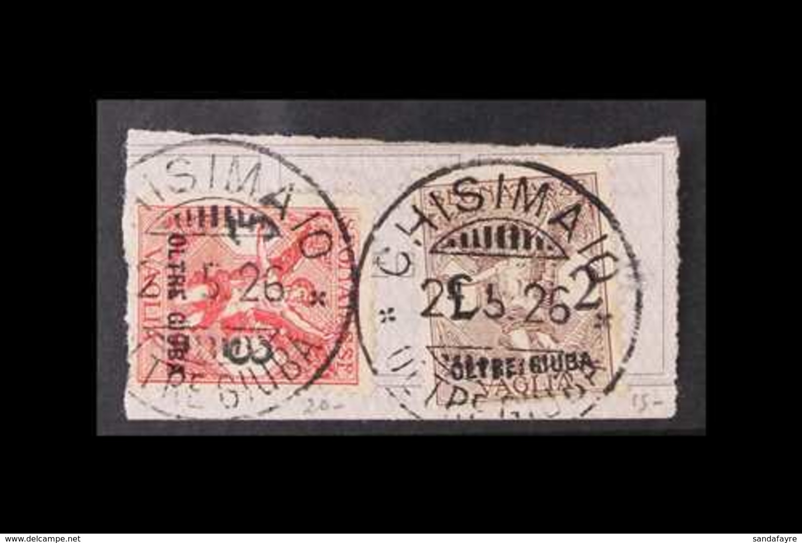 OLTRE GIUBA POSTAL ORDER POSTAGE DUES 1925 2L And 3L, Sass 5 And 6, Superb Used On Piece Together. Rare. (2 Stamps) For  - Other & Unclassified