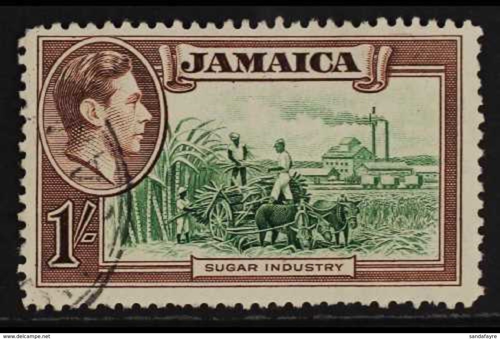 1938 1s Green And Purple Brown, "Sugar Industry", Variety "Repaired Chimney", SG 130a, Used. For More Images, Please Vis - Jamaica (...-1961)