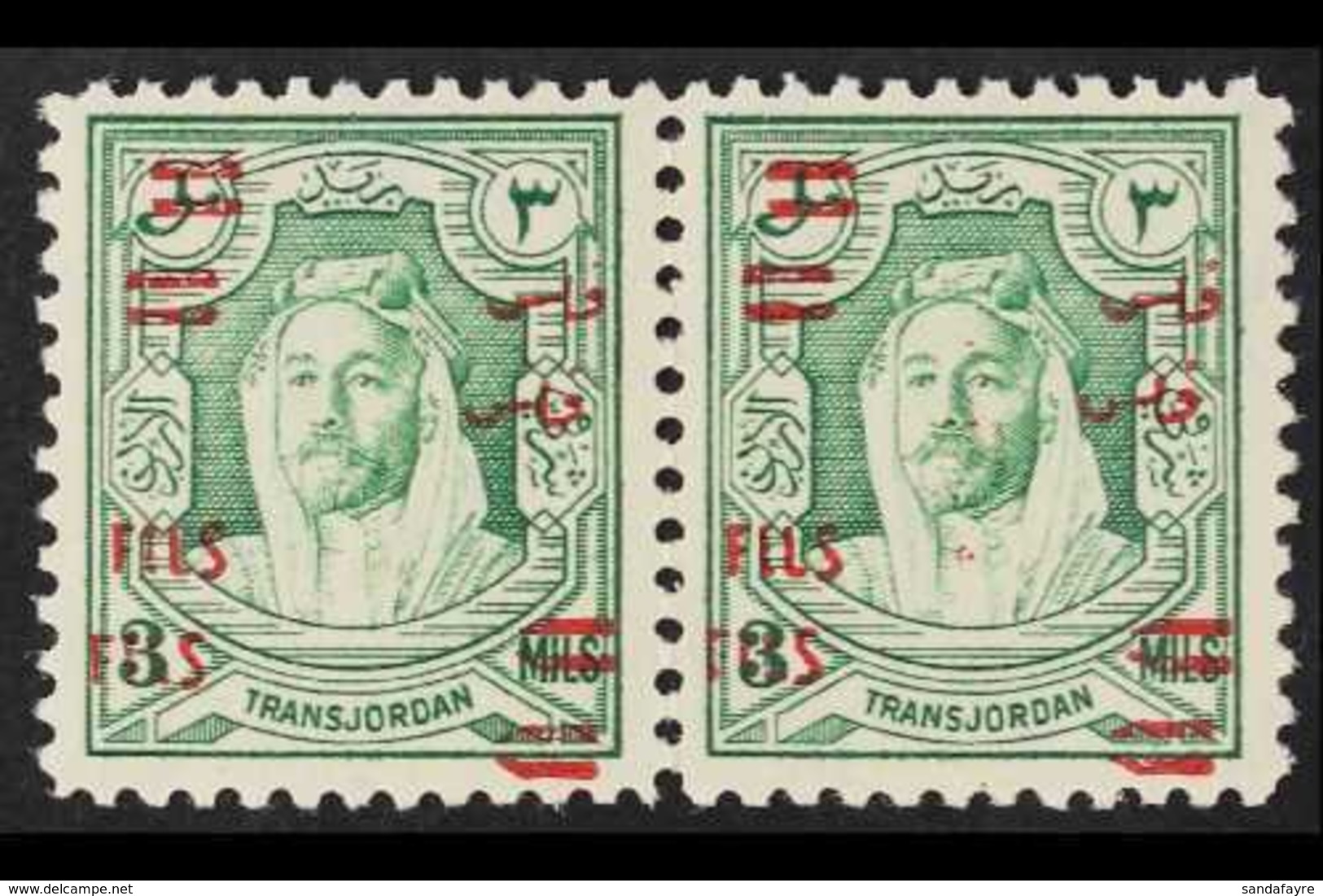 1952 3f On 3m Green OVERPRINT DOUBLE Variety, SG 315a, Never Hinged Mint Horizontal PAIR, Very Fresh. (2 Stamps) For Mor - Giordania