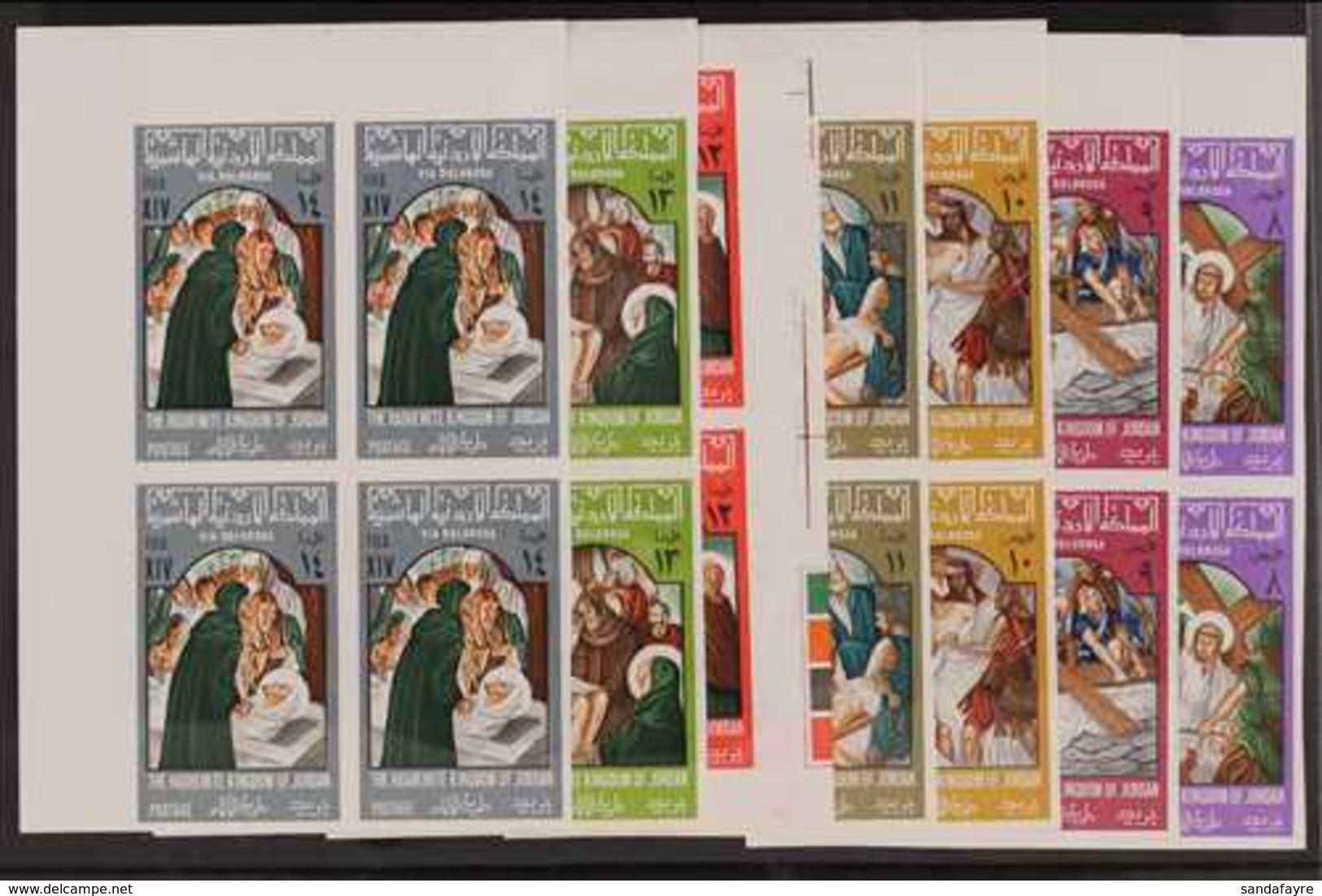 1966 Christ's Passion IMPERF Complete Set (Michel 608/21 B, SG 749/62 Var), Superb Never Hinged Mint Corner BLOCKS Of 4, - Giordania