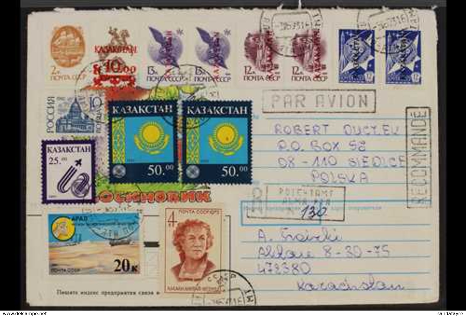 1993 (June) Registered Cover Addressed To Poland, Bearing Mixed Franking Of Soviet Union, Russi And Kazakhstan Stamps (t - Kasachstan