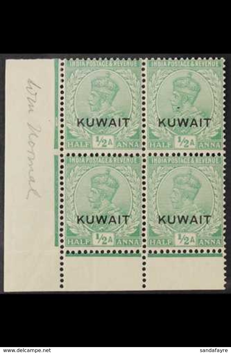 1929-37 ½a Green, Watermark Upright, SG 16, Fine Mint Corner BLOCK OF FOUR, Lower Two Stamps Never Hinged. (4 Stamps) Fo - Kuwait