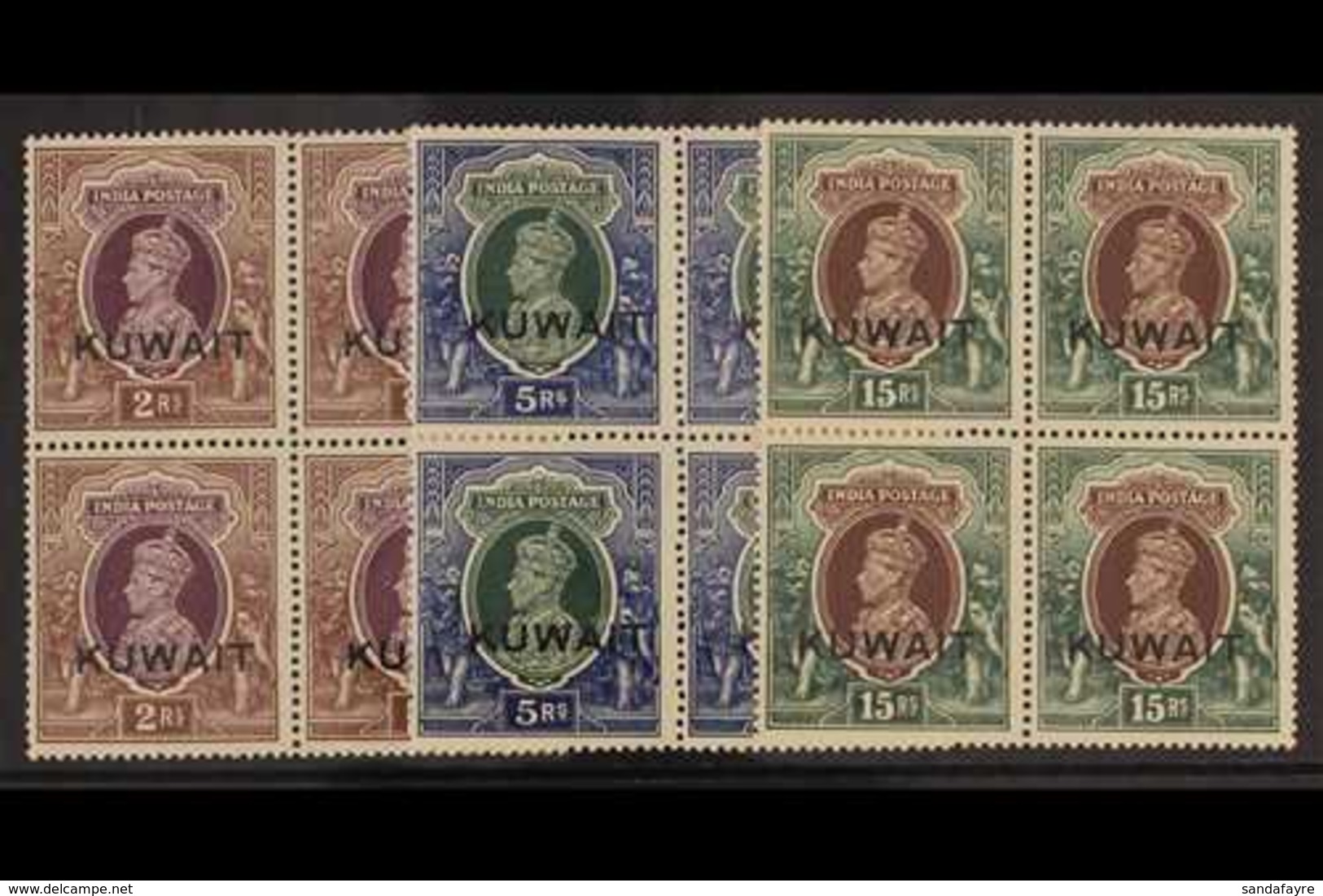 1939 2rs, 5r, & 15r (invtd Wmk), Geo VI, SG 48, 49, 51w, In Never Hinged Mint Blocks Of 4. (12 Stamps) For More Images,  - Kuwait