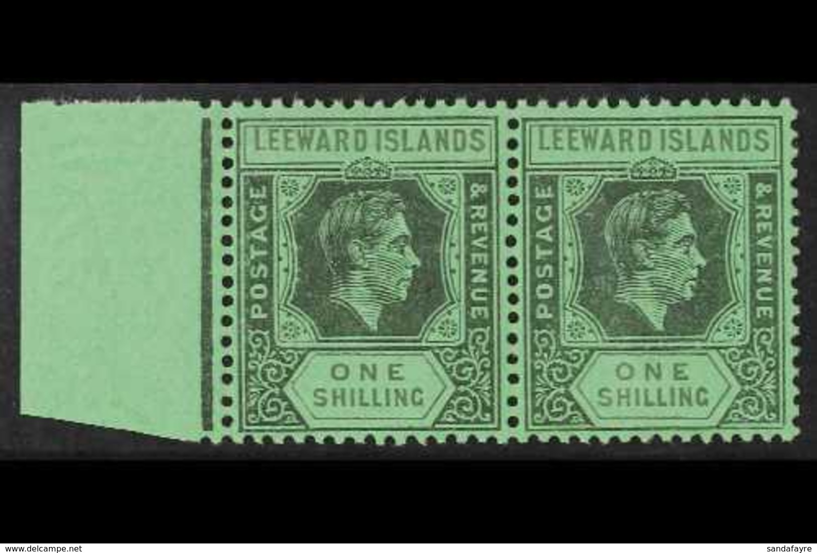 1942 1s Black And Grey / Emerald, SG 110bb, Very Fine Mint Pair With Sheet Margin At Left. (2 Stamps) For More Images, P - Leeward  Islands