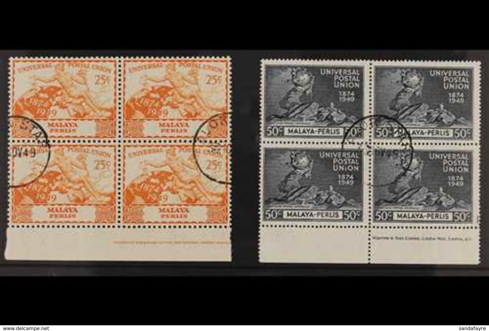 PERLIS 1949 UPU Complete Set, SG 3/6, Superb Cds Used Lower Marginal BLOCKS Of 4 With Complete Or Almost Complete IMPRIN - Altri & Non Classificati