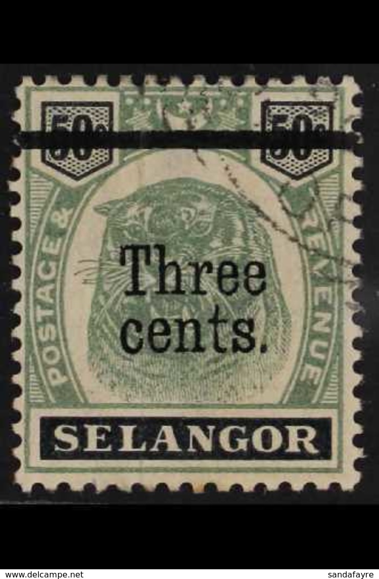 SELANGOR 1900 3c On 50c Green And Black, Variety "Antique T In Cents", SG 67a, Very Fine Used. For More Images, Please V - Sonstige & Ohne Zuordnung