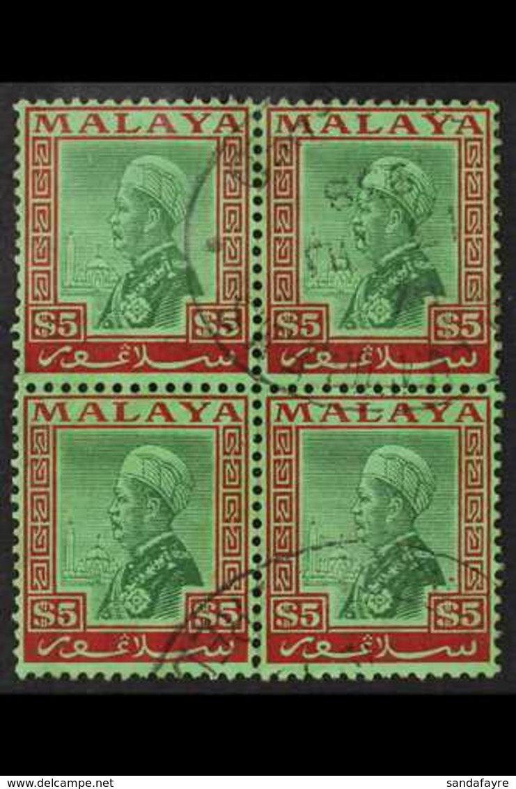 SELANGOR 1935 - 41 $5 Green And Red On Emerald, Sultan, SG 85very Fine Used Block Of 4., For More Images, Please Visit H - Sonstige & Ohne Zuordnung