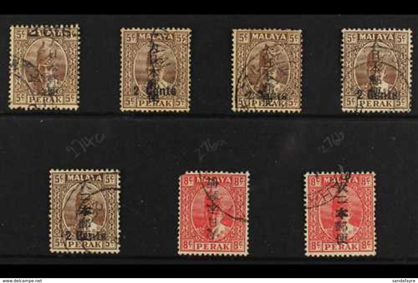 GENERAL ISSUES 1942-44. ON PERAK Used Selection Of 2c On 5c Browns & 8c Scarlet (between SG J273-276) With Listed Variet - Sonstige & Ohne Zuordnung