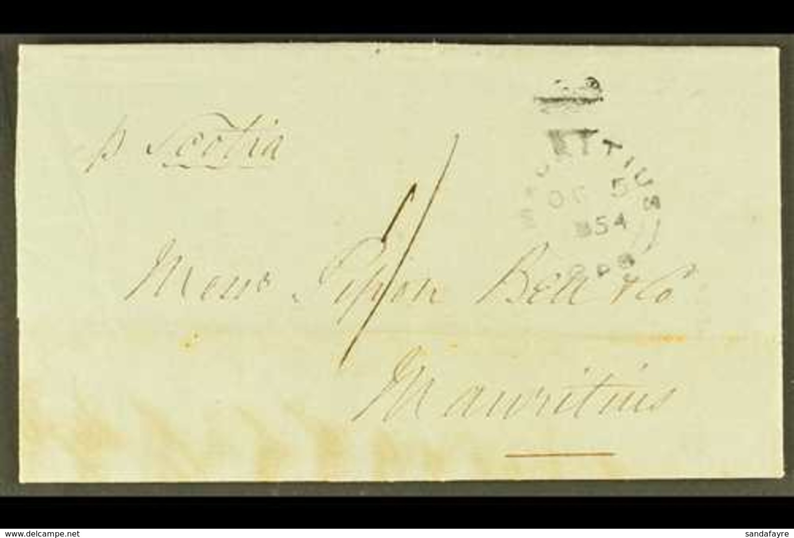 1854 "SUGAR" ENTIRE 1854 (5 OCT) Local Stampless Entire Letter With Manuscript "1/" Rate And With "MAURITIUS / OC 5 1854 - Mauritius (...-1967)