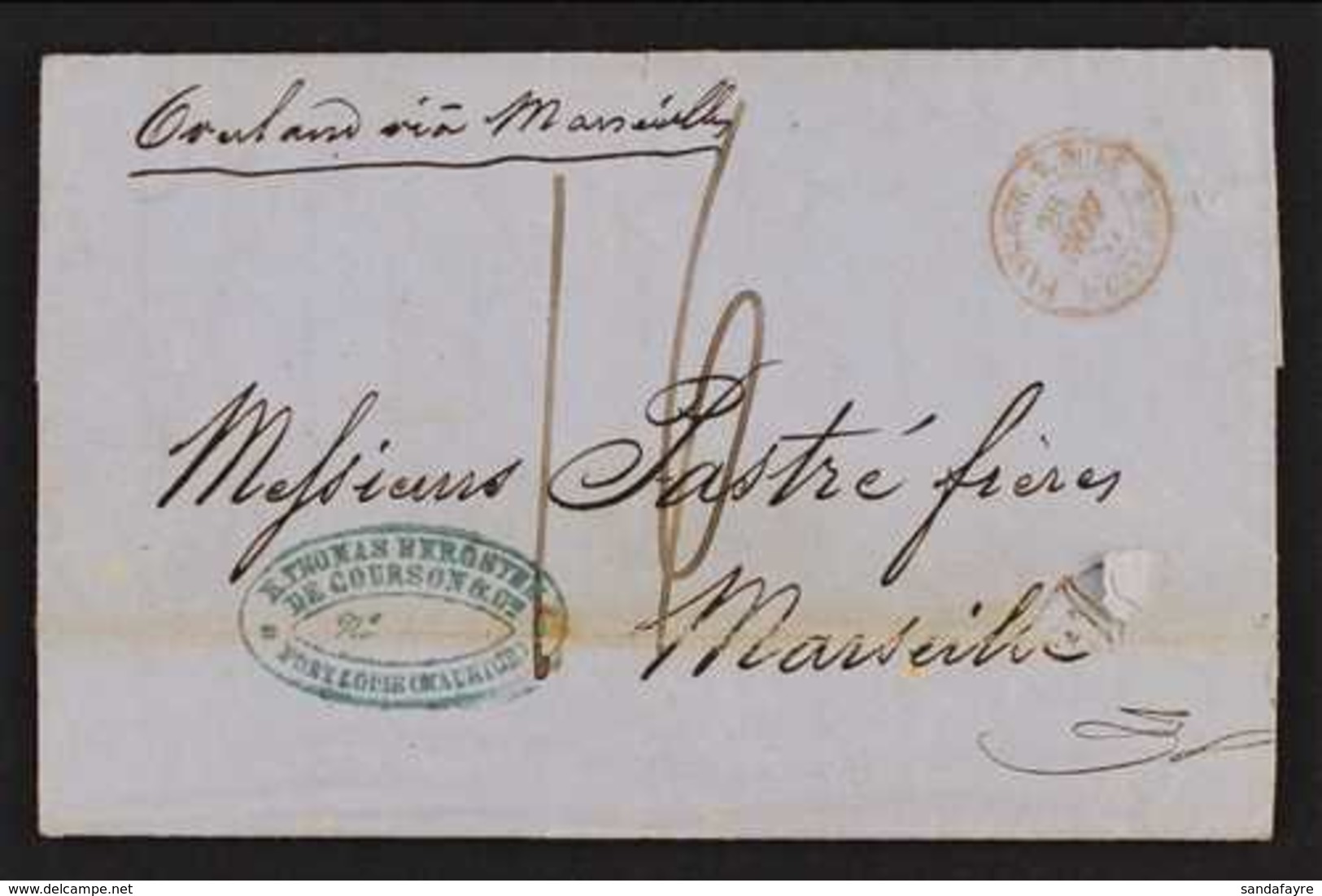 1857 (Oct) Entire Letter Overland To Marseilles, Showing Black Oval "PACKET LETTER MAURITIUS" And Red "Pays Etr.v.Suez M - Mauritius (...-1967)