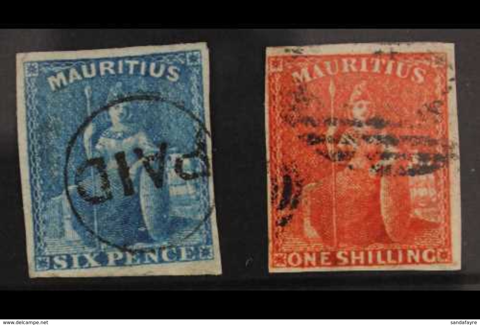 1859-61 6d Blue And 1s. Vermilion Britannias, SG 32 & 34, Each With Four Margins And Neatly Cancelled, The 6d With Circu - Mauritius (...-1967)