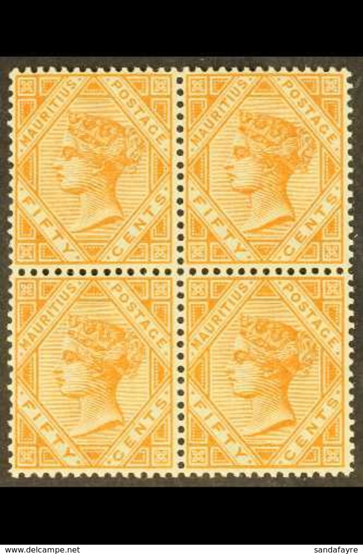 1883 50c Orange, Wmk CA, SG 111, Superb Mint Block Of 4 (2 Nhm). For More Images, Please Visit Http://www.sandafayre.com - Mauritius (...-1967)