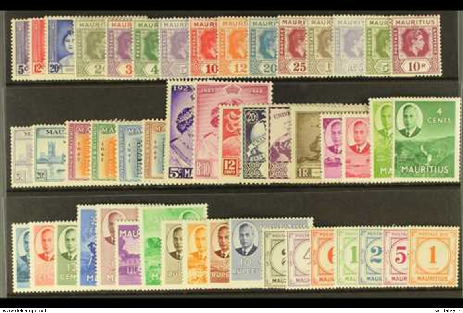 1937-54 COMPLETE KGVI "Basic" Collection On A Stock Card, SG 249/90 Plus 1933-54 Postage Dues Set, SG D1/7. Lovely (45+  - Mauritius (...-1967)