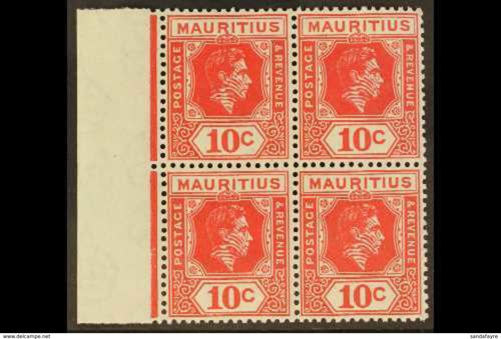 1938-49 10c Deep Reddish Rose, Marginal Block Of 4 Shows SLICED "S" AT TOP, SG 256b + 256ba, Superb Never Hinged Mint (1 - Mauritius (...-1967)