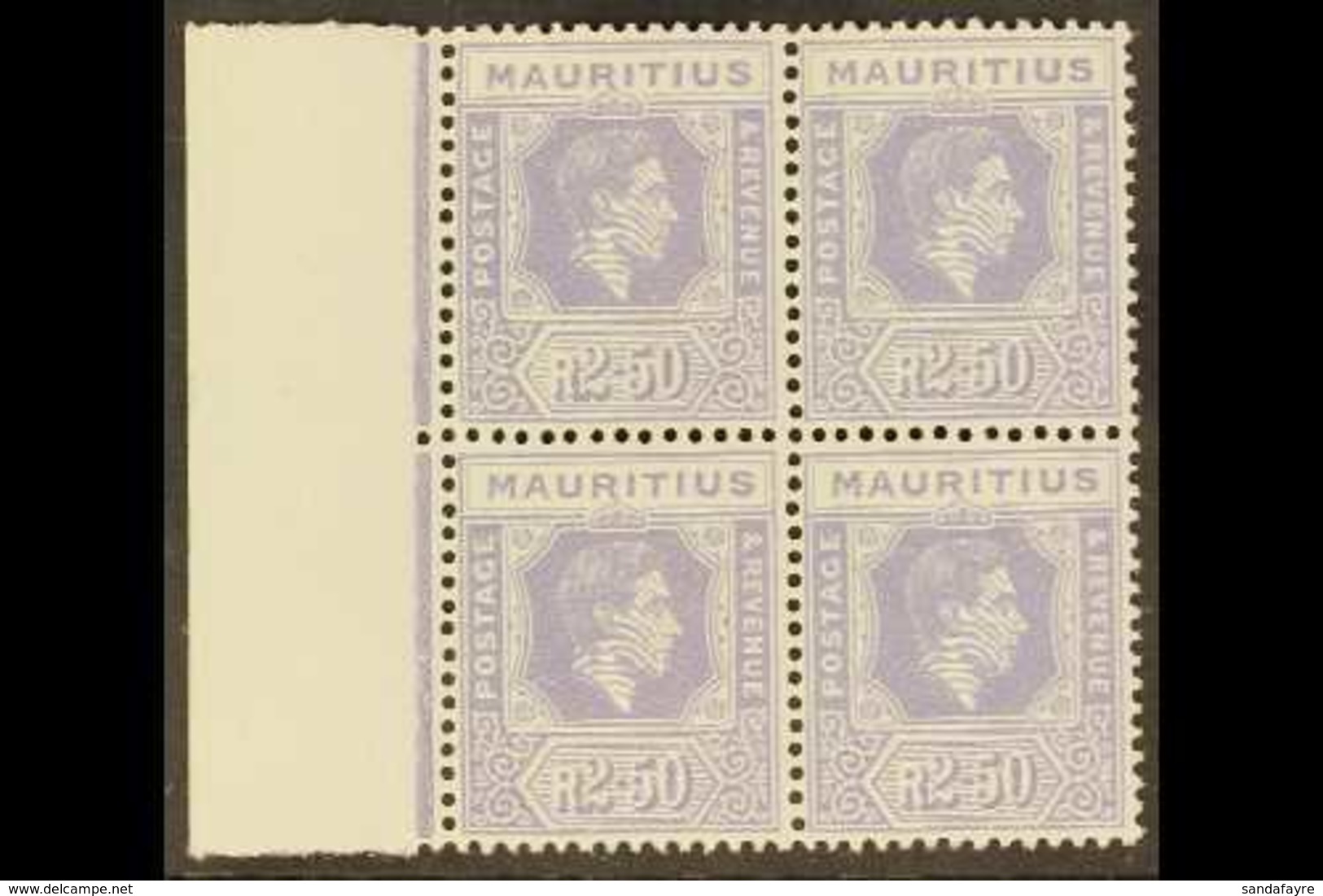 1938-49 2r50 Pale Violet (Ordinary Paper), SG 261a, NHM Marginal Block Of 4. Superb (4 Stamps) For More Images, Please V - Mauritius (...-1967)