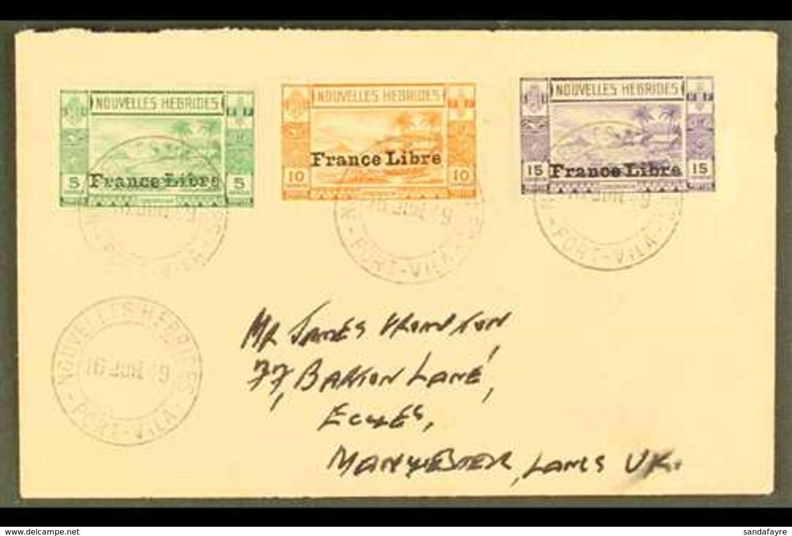 FRENCH 1941 France Libre Overprinted 5c To 15c, SG F65/67, On An Envelope Cancelled Port Vila June 1949 To England. For  - Sonstige & Ohne Zuordnung