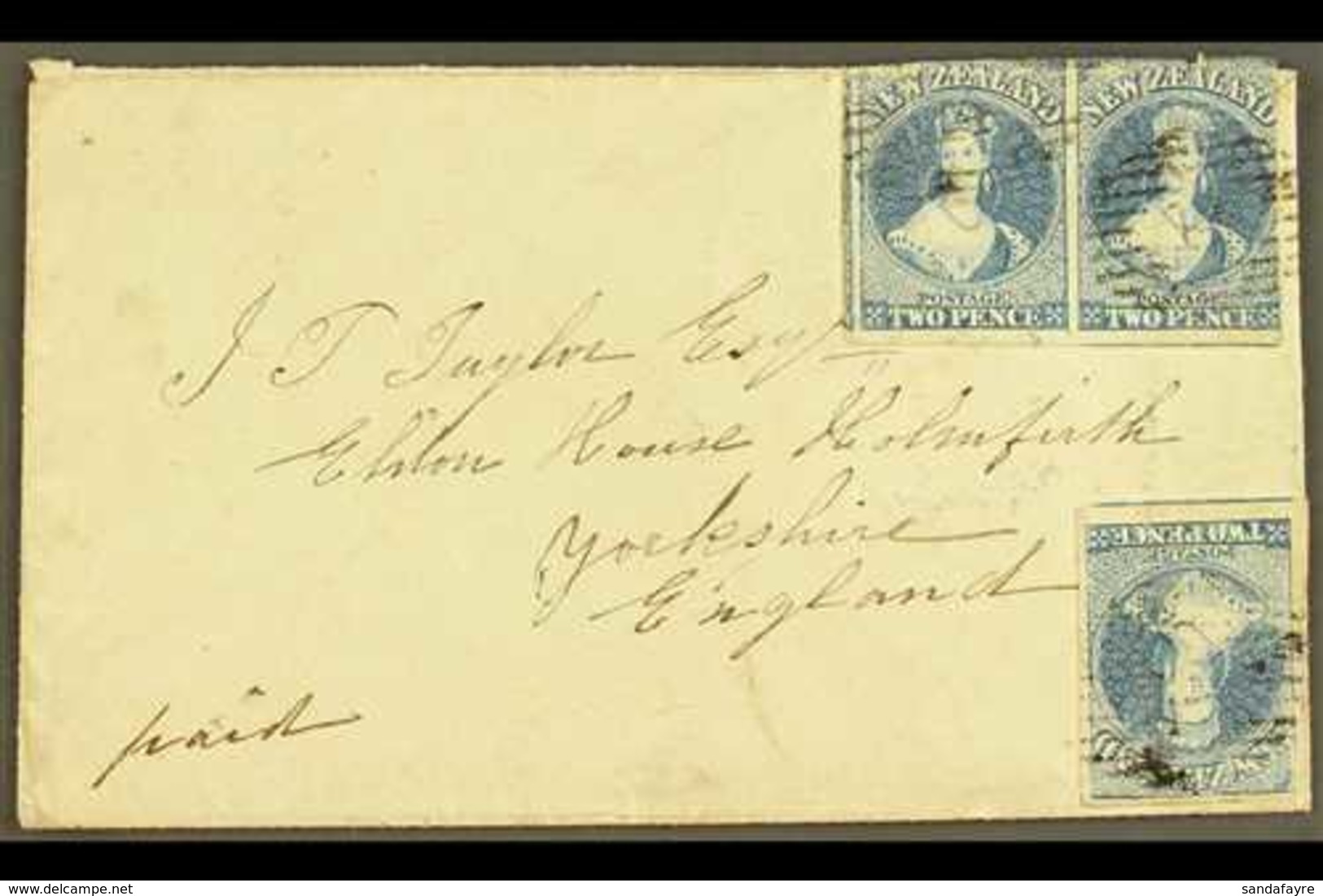 1858 (7 Jun) Env From Nelson To Huddersfield, England Bearing PAIR + Single Of The 1857-63 2d Blue Imperfs (SG 10, Singl - Other & Unclassified