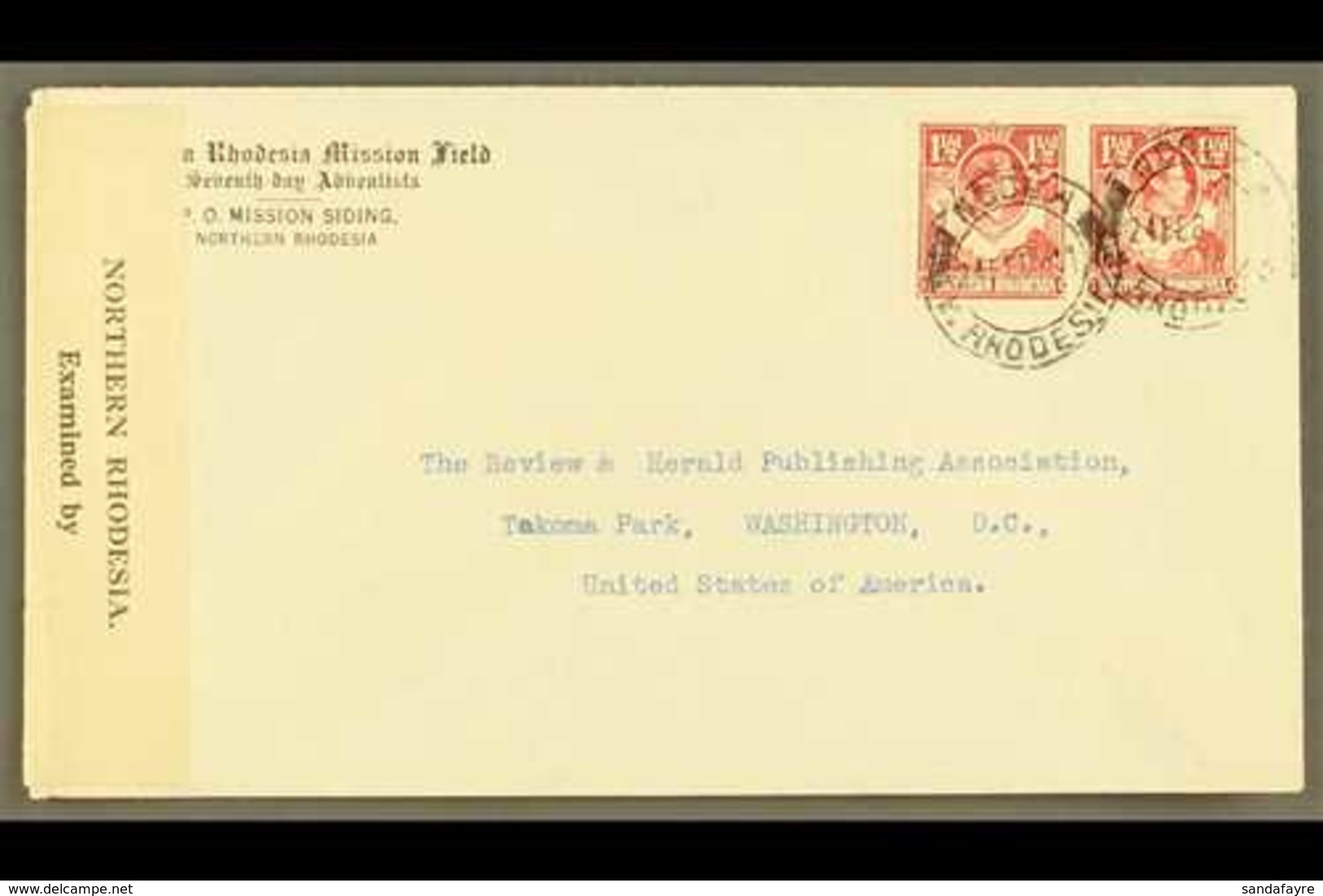1941 CENSOR COVER - "Northern Rhodesia Mission Field, Seventh Day Adventists" Env. To USA, Franked 1½d Carmine Pair, Tie - Rhodesia Del Nord (...-1963)