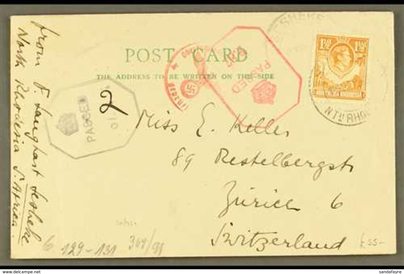 1943 (March) Postcard To Switzerland, Bearing 1½d Orange, Tied By Sesheke Cds, With Two British Type Censor Marks, Plus  - Northern Rhodesia (...-1963)