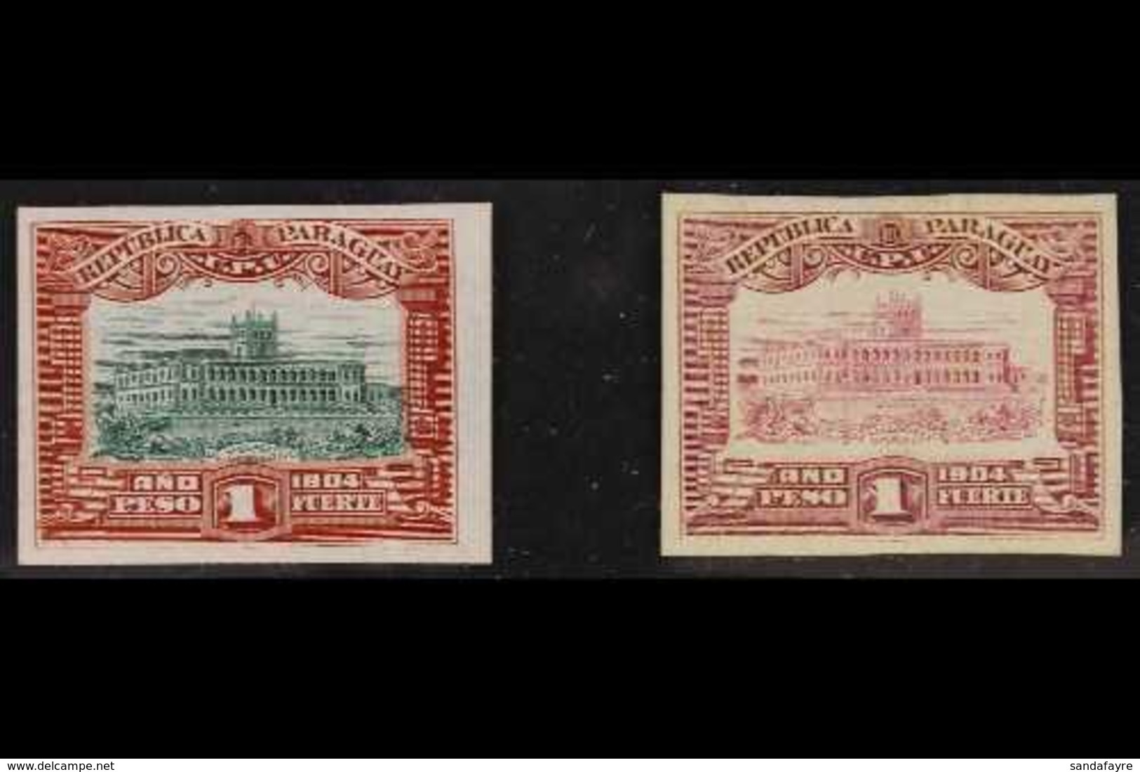 1906-10 ONE PESO PROOFS Government Palace Asunción (Dated 1904) One Peso IMPERF PROOFS On India Card, As Scott 114/115,  - Paraguay