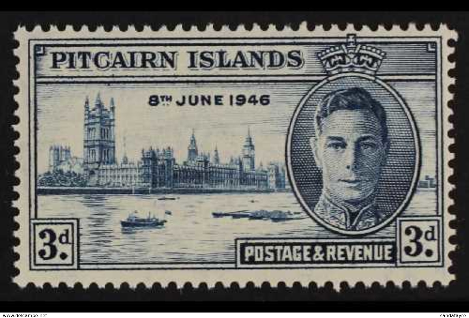 1946 3d Blue Victory, Variety "Flagstaff Flaw", SG 10a, Very Fine Used.  For More Images, Please Visit Http://www.sandaf - Pitcairn Islands