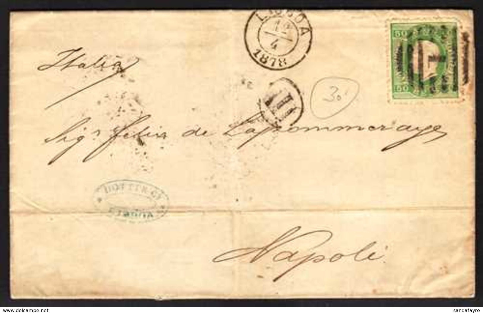 1878 (12th April) Entire To Italy, Franked 1870 50r Green "straight Label," Perf 12½, SG 84, Lisbon Postmark, Transit &  - Sonstige & Ohne Zuordnung