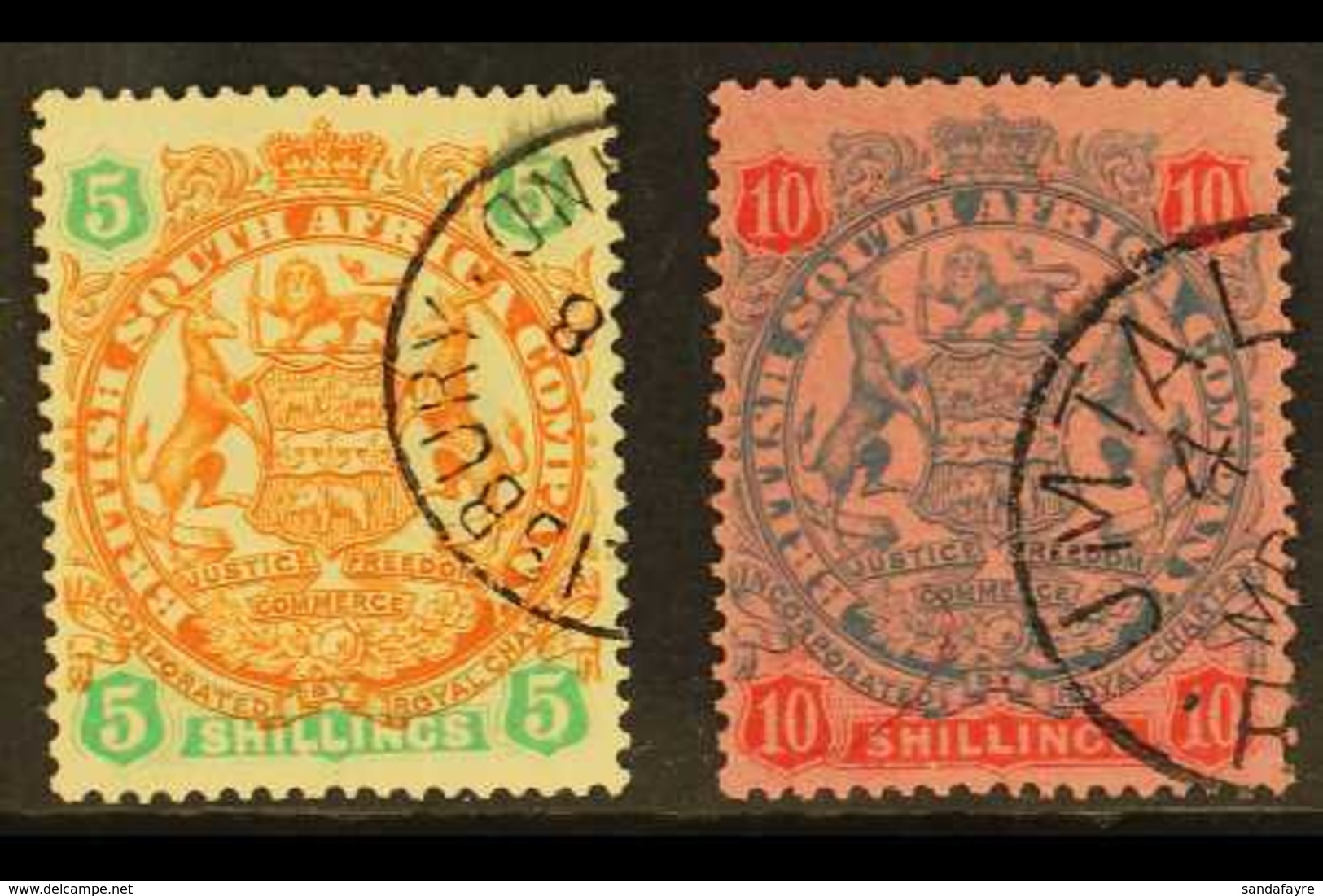 1896-7 Die II Arms, 5s Chestnut & Emerald And 10s Slate & Vermilion On Rose, SG 49/50, Very Fine Used (2). For More Imag - Other & Unclassified